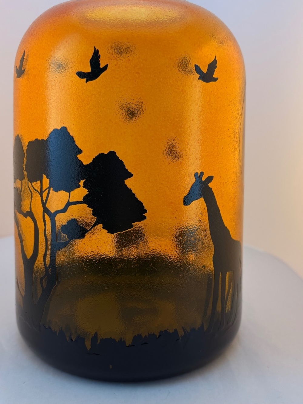 Vtg Amber Textured Glass Safari Vase/Candle Holder 7" Elephants, Giraffe, Birds